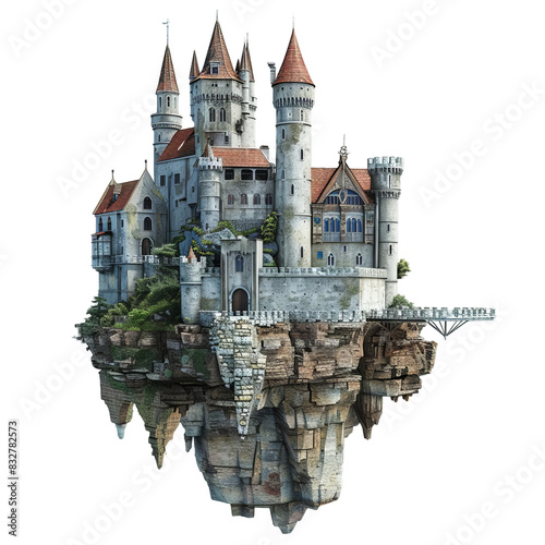 Illustrated floating castle with a tranquil reflection on a transparent background
