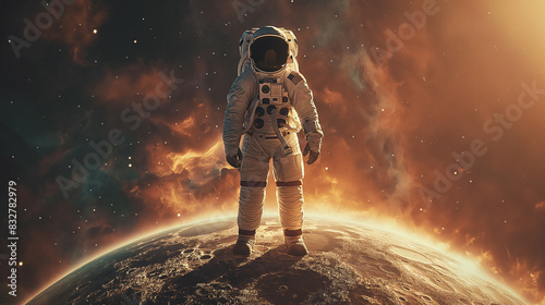 stronaut is standing on top of a planet photo