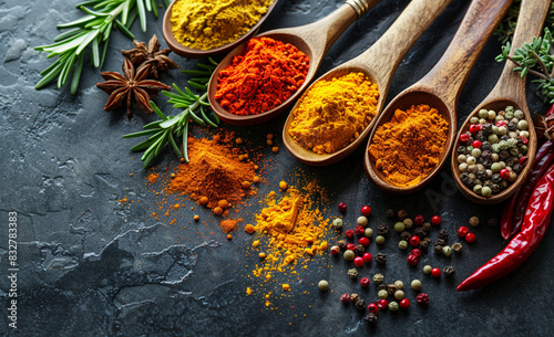 Colorful spices and herbs in metal spoons. Generated with AI tools