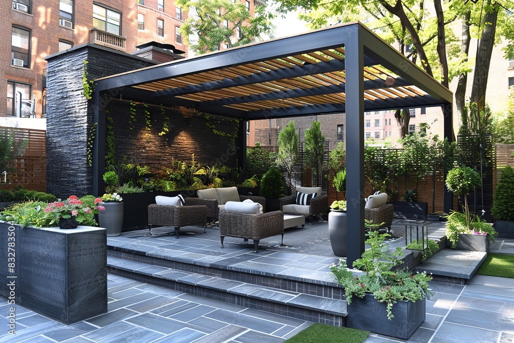 Envision a professionally designed pergola embellished with cascading vines, vibrant flowers, and lush foliage, crafting a serene and elegant atmosphere