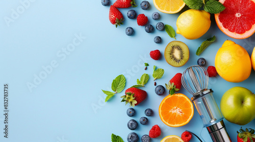 healthy food. fresh fruit with vitamins  fruits  berries and nuts on blue background. flat lay. copy space.