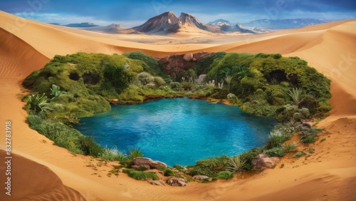 The landscape demonstrates a vibrant green oasis that is teeming with life, exotic plants and diverse flora and fauna. There is a clear blue pond in the center.