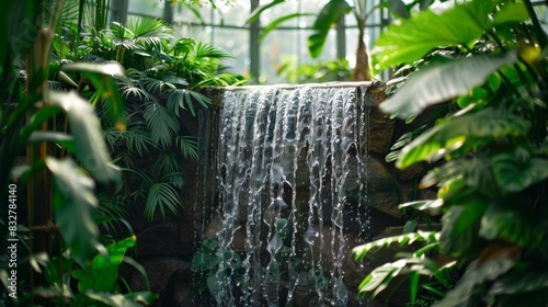 Amidst a sea of emerald green plants a trickling waterfall adds a touch of serenity to this tropical greenhouse.