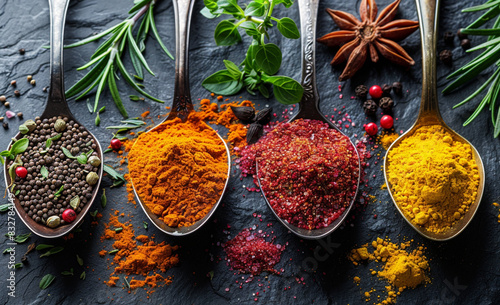 Colorful spices and herbs in metal spoons. Generated with AI tools