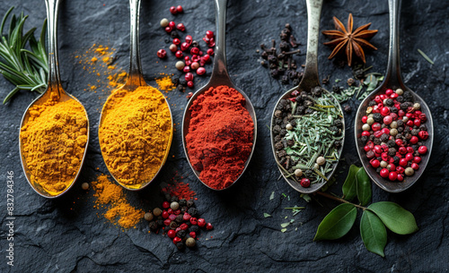 Colorful spices and herbs in metal spoons. Generated with AI tools