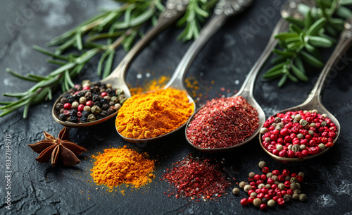 Colorful spices and herbs in metal spoons. Generated with AI tools