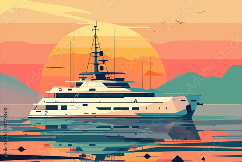 Illustration of a yacht at sunset. Seascape.