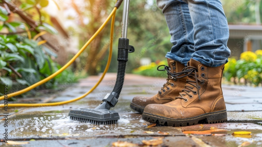 Man cleaning wooden terrace floor with high pressure cleaner for thorough maintenance Man cleaning wooden terrace floor with high pressure cleaner for thorough maintenance
