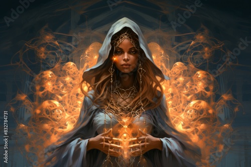 A mysterious and enigmatic sorceress, wielding ancient spells and communing with unseen forces. - Generative AI