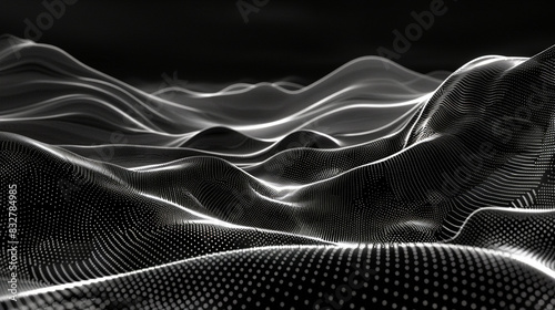 Abstract white and black background with digital waves, dots or lines of light moving on the surface of an abstract wavy mountain landscape. Abstract futuristic technology concept in the style of digi photo