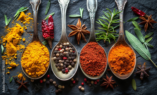 Colorful spices and herbs in metal spoons. Generated with AI tools