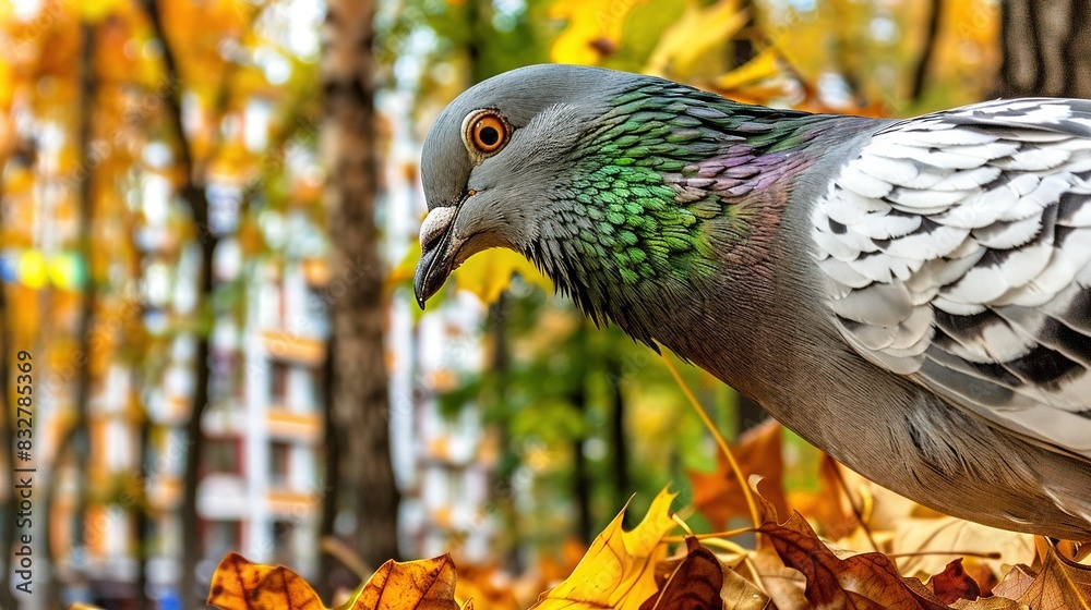 A pigeon perched atop a mound of fallen leaves adjacent to a tree laden with vibrant hues of yellow and green foliage A pigeon perched atop a mound of fallen leaves adjacent to a tree laden with vibrant hues of yellow and green foliage