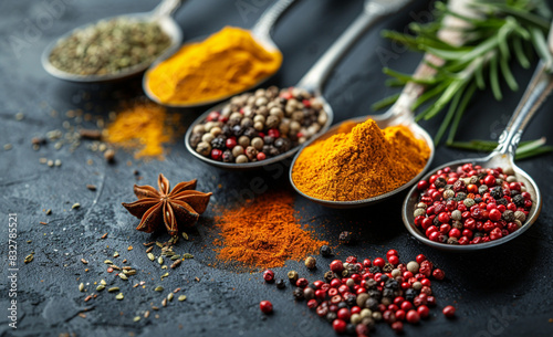 Colorful spices and herbs in metal spoons. Generated with AI tools
