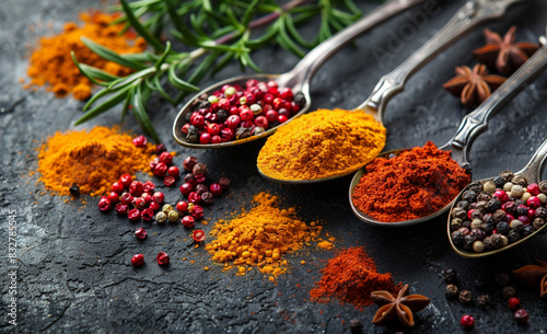Colorful spices and herbs in metal spoons. Generated with AI tools
