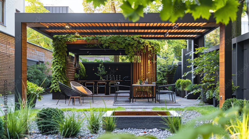 Envision a professionally designed pergola embellished with cascading vines, vibrant flowers, and lush foliage, crafting a serene and elegant atmosphere Envision a professionally designed pergola embellished with cascading vines, vibrant flowers, and lush foliage, crafting a serene and elegant atmosphere