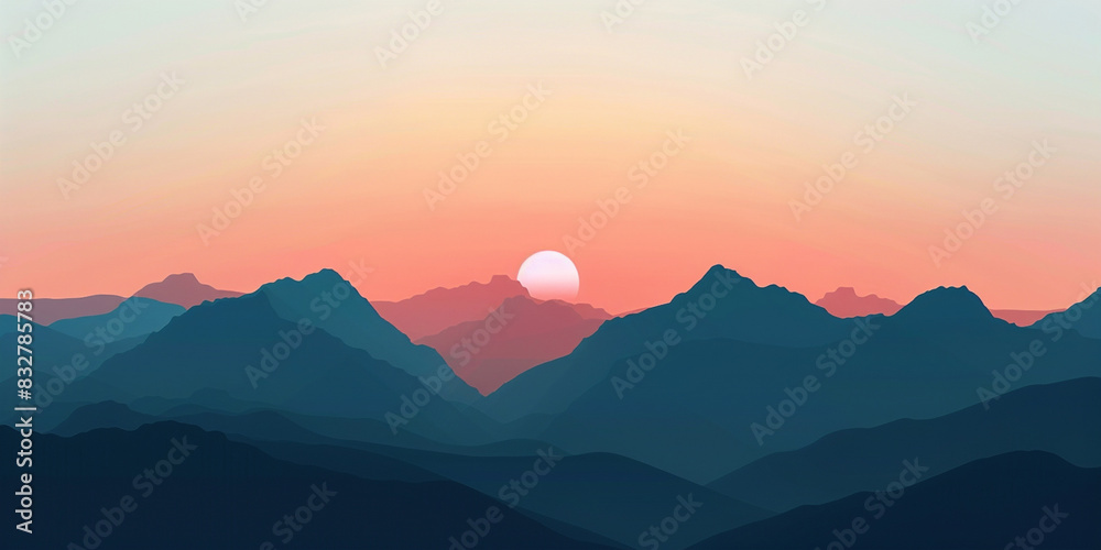Obraz premium A serene sunrise over the mountains, with pastel colors and a simple design. The sun is rising in the background, casting warm hues across the horizon, creating a tranquil scene