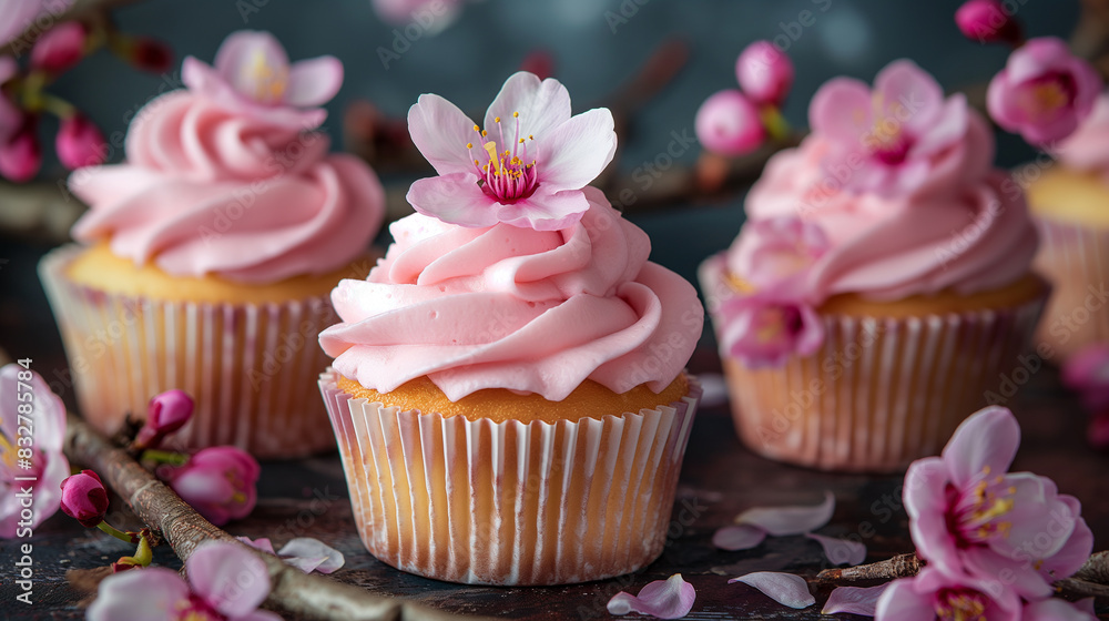 Cupcake com flores rosas e açúcar em pó na velha mesa de madeira. Um pequeno cupcake fica ao lado de chá e flores