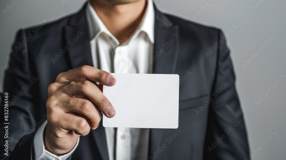 Entrepreneur holding empty card on white backdrop Entrepreneur holding empty card on white backdrop