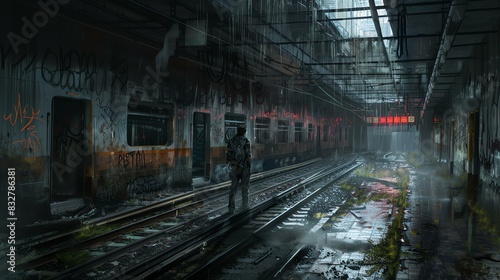 A post-apocalyptic scene of a subway station. The station is dark and gloomy, with graffiti on the walls and water dripping from the ceiling.