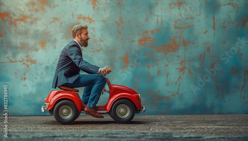 Man on small red toy car outdoor photo