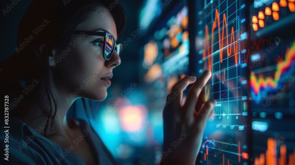 A woman stands before a wall of data, studying and analyzing the information presented. A woman stands before a wall of data, studying and analyzing the information presented.