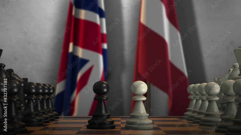 Latvia and United Kingdom National Flags with Chess Board Animation. Politics of Government or Conflict of Countries Concept Latvia and United Kingdom National Flags with Chess Board Animation. Politics of Government or Conflict of Countries Concept