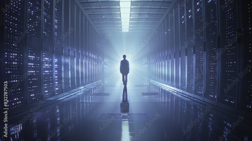 Person Among Rows of Data Servers Person Among Rows of Data Servers