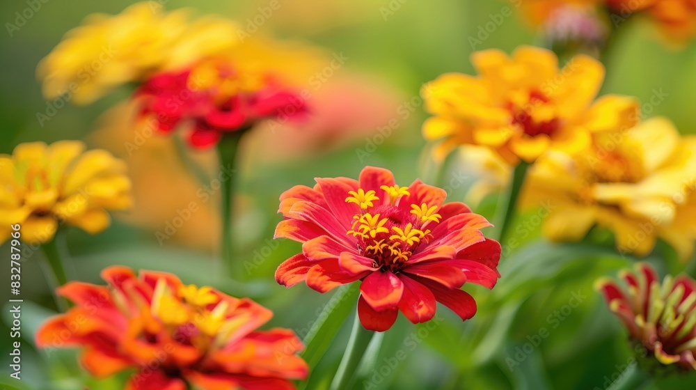 Close up of red and yellow Zinnia flowers blooming brightly in the garden on a sunny day Close up of red and yellow Zinnia flowers blooming brightly in the garden on a sunny day