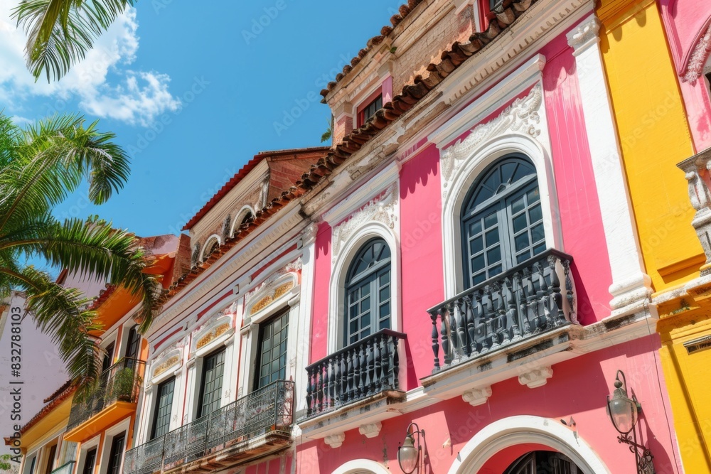 Naklejka premium Tourist destination colorful city candy buildings South America architecture old houses palms art home exterior facade town streets historic exploration warm tropical county tourism aesthetic