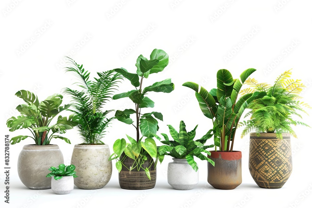 assorted potted plants isolated on white background botanical collection digital illustration