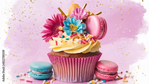 A colorful cupcake decorated with sprinkles  flowers and pasta.