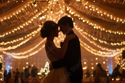 Young couple guy and girl dancing at prom ball party night. Romantic dance. King and queen of high school prom. 