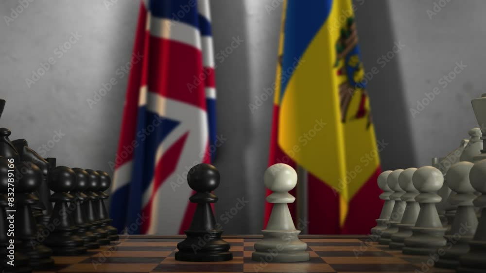 Moldova and United Kingdom National Flags with Chess Board Animation. Politics of Government or Conflict of Countries Concept Moldova and United Kingdom National Flags with Chess Board Animation. Politics of Government or Conflict of Countries Concept