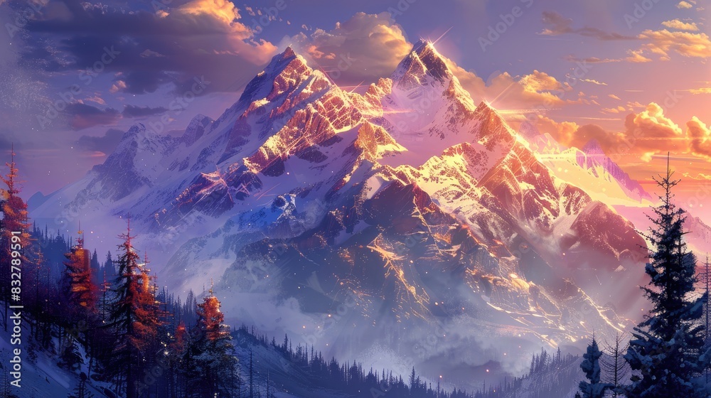 Winter mountain peak with a radiant glow