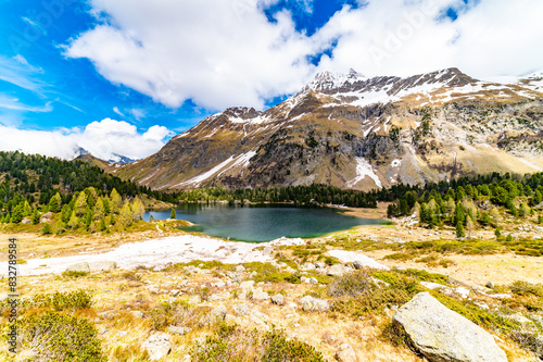A view of the Cavlocc lake, in Engadine, Switzerland, and the mountains that surround it.
 photo