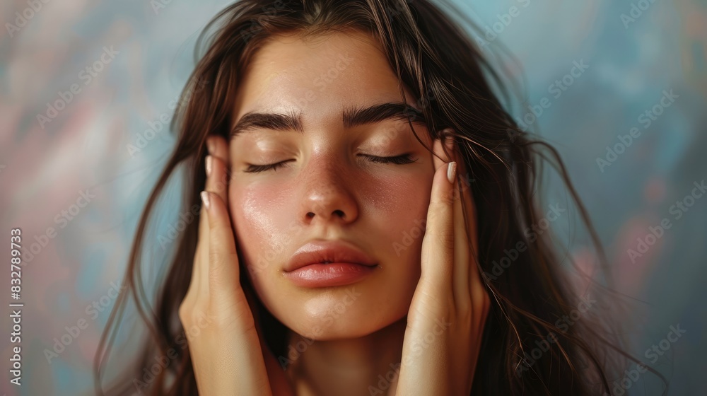 Brunette girl looking melancholic touching her temples with her eyes closed