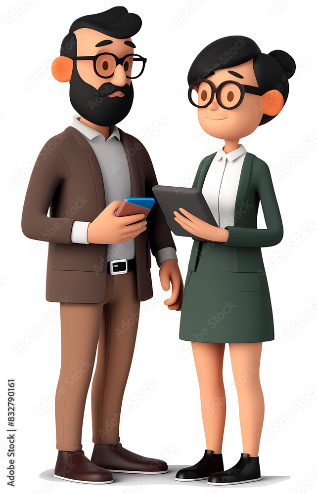 Par de trabajadores, empresarios o gente de negocios con dispositivos digitales, toma de cuerpo entero, en estilo ilustración 3D, textura plástica, en fondo transparente. Par de trabajadores, empresarios o gente de negocios con dispositivos digitales, toma de cuerpo entero, en estilo ilustración 3D, textura plástica, en fondo transparente.