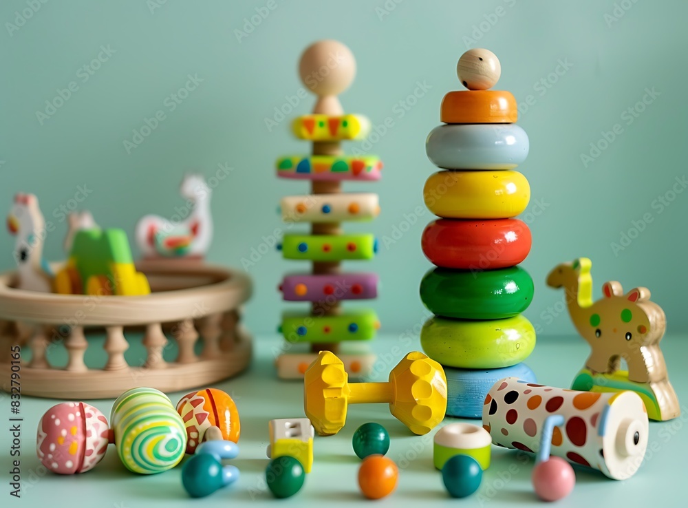 Obraz premium Baby toys set on pastel green background, wooden colorfull educational toy for baby development and play with child