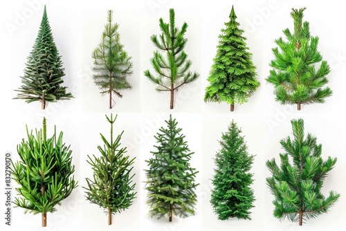 assortment of evergreen pine tree varieties isolated on white background christmas decor element
