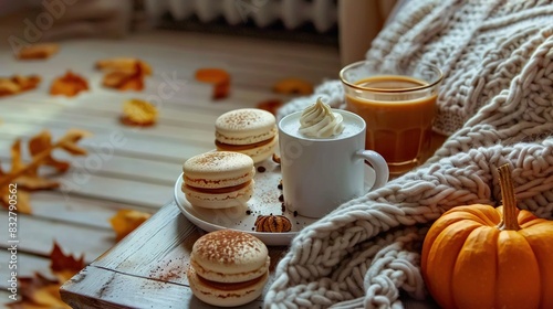  A coffee-topped table adorned with macaroons and a coffee mug