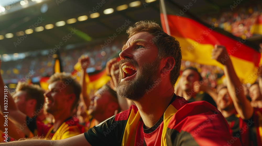 Portrait of excited man, fan in german jersey cheering in stadium. European football Championship 2024. Generative AI Portrait of excited man, fan in german jersey cheering in stadium. European football Championship 2024. Generative AI