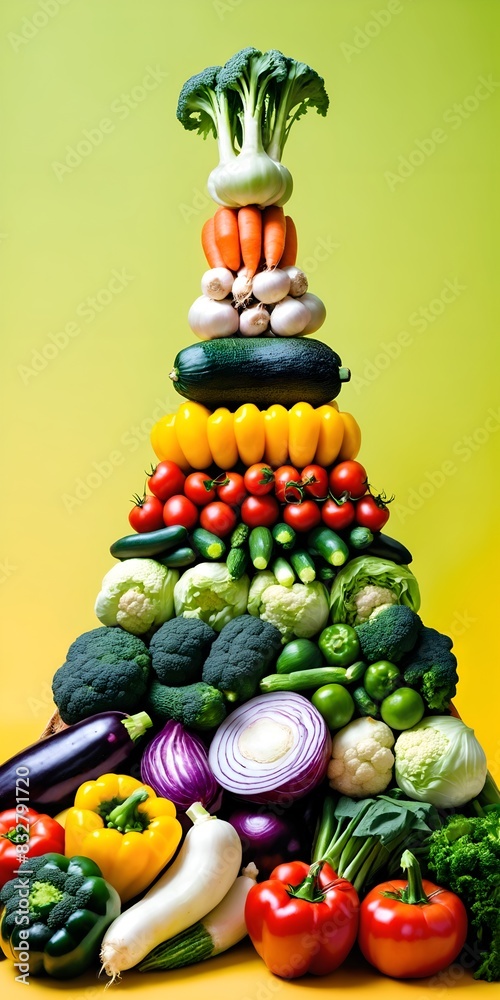Various vegetables in shape of pyramid on green background. Various vegetables in shape of pyramid on green background.
