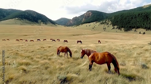   A group of equines leisurely feasting on parched grass in a rugged landscape  with towering mountains behind them