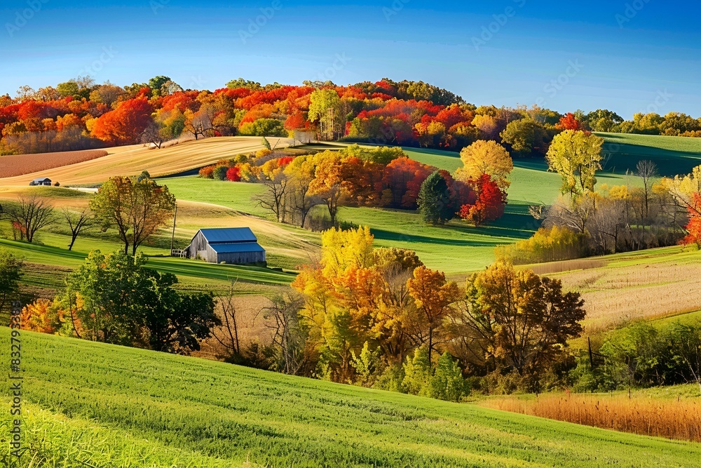 Fototapeta premium Malownicza jesienna wieś z barwnymi drzewami i stodołą