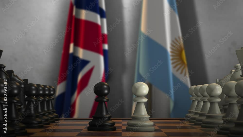 Argentina and United Kingdom National Flags with Chess Board Animation. Politics of Government or Conflict of Countries Concept