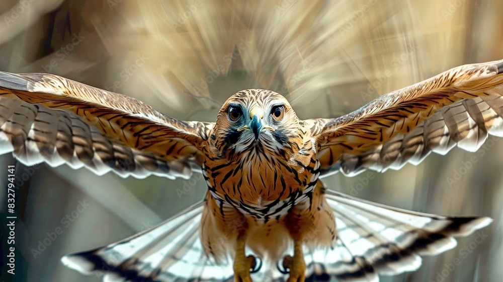 Naklejka premium A bird of prey spreads its wings and widens its eyes, with a blurred background