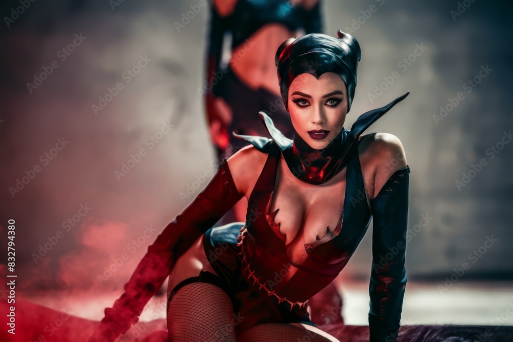 Obraz premium A woman in a seductive outfit posing on the floor, AI