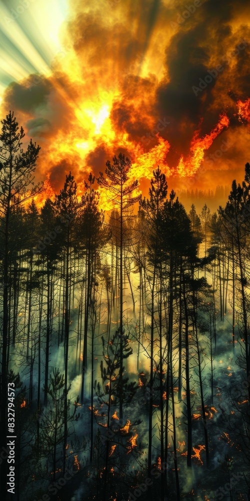 Dramatic forest wildfire scene under blazing sunset, tall pine trees silhouetted against orange flames and dark smoke, creating intense atmosphere.