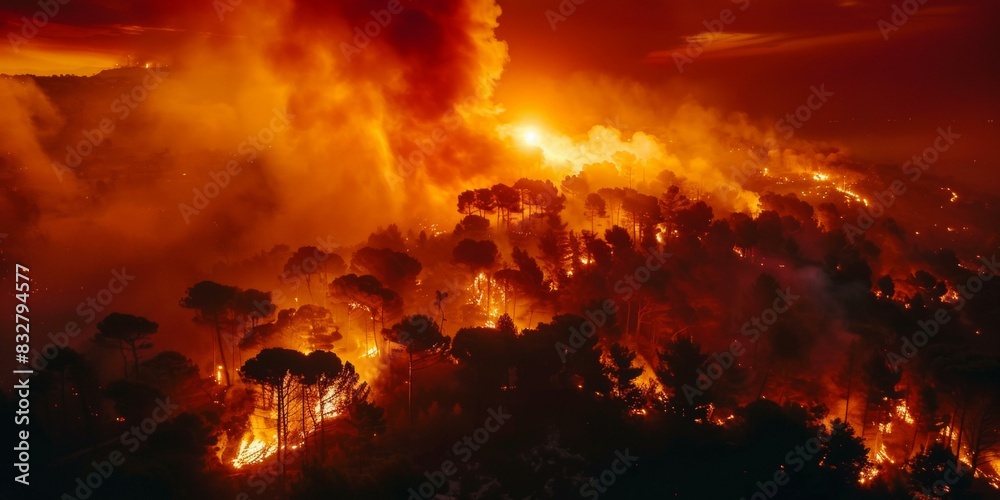 Intense wildfire panorama at sunset consuming dense forest, blazing flames and smoke creating a dramatic backdrop.