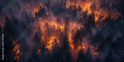Fiery inferno encompassing dense forest during wildfire season with dark smoky atmosphere. photo